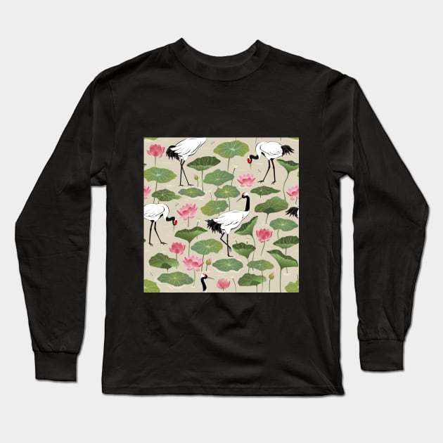 Japanese cranes and lotus flowers Long Sleeve T-Shirt by Avisnanna